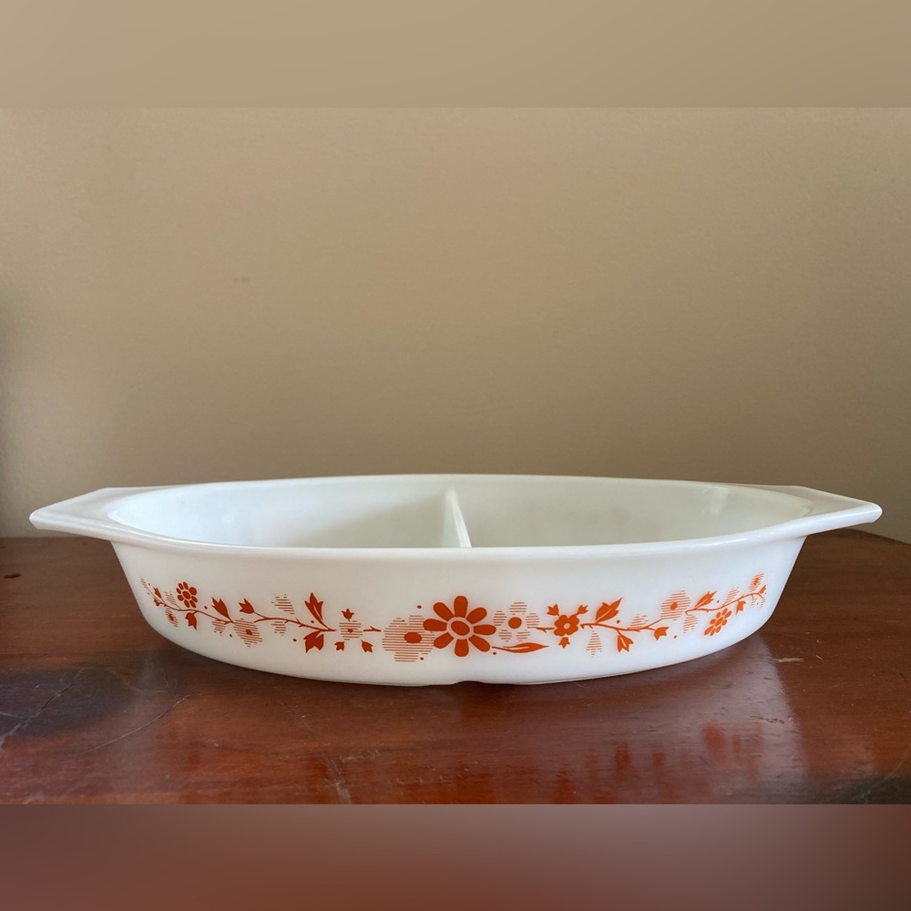 Fall 1965 promotional Pyrex divided casserole dish with orange flowers